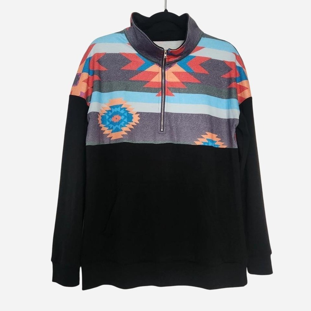 Pullover sweatshirt with boho geometric design quarter zip Black and multi M
